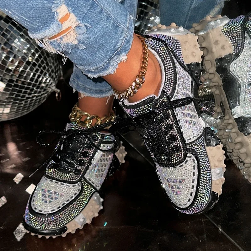 Damskie buty sportowe z diamentami, oddychające, luksusowe, designerskie, codzienne, na grubej podeszwie, wulkanizowane, Zapatos Mujer