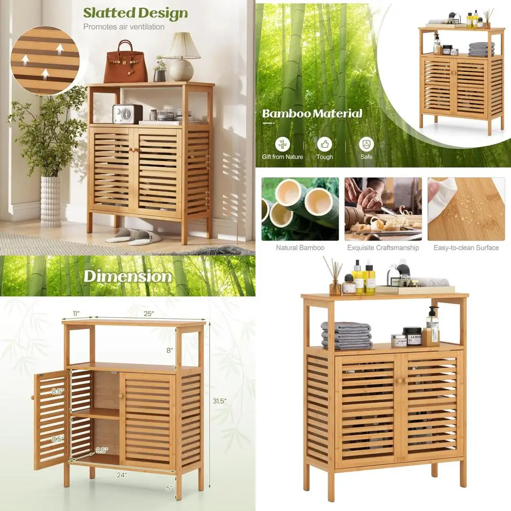 

Double Door Bamboo Storage Cabinet with Removable Shelves for Bathroom, Living Room, and Kitchen