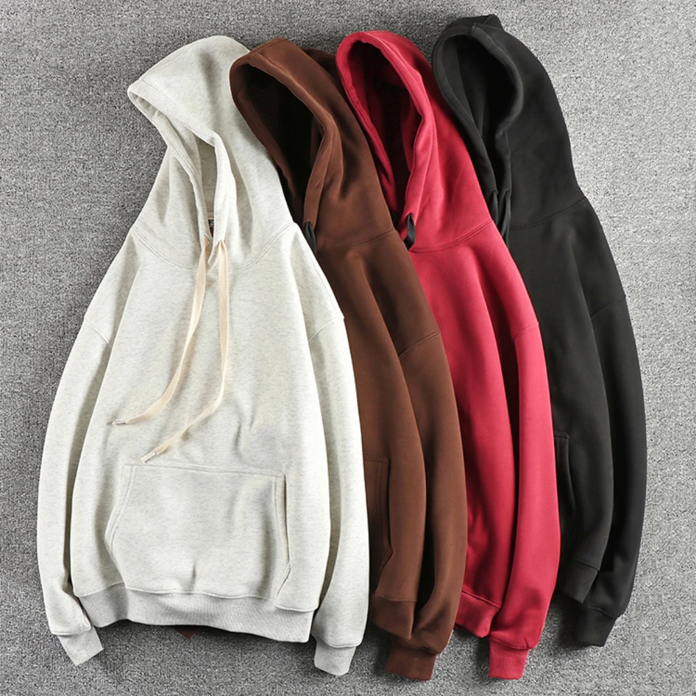 Heavy Austrian grain wool thick hoodie men's design sense solid color retro youth loose top coat