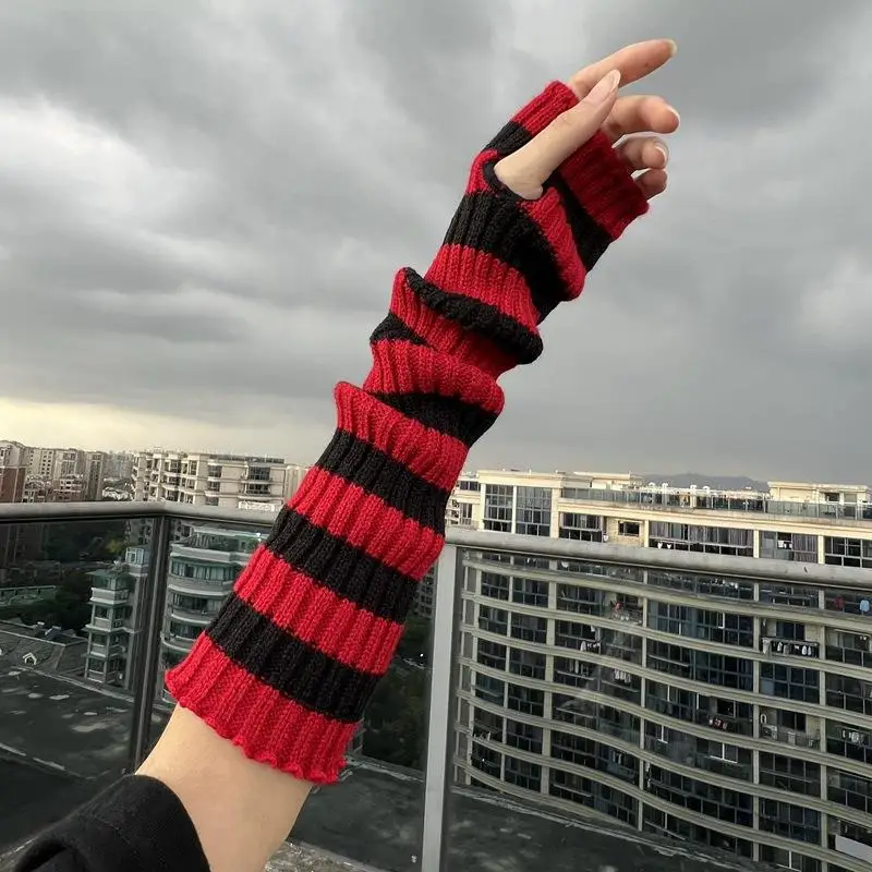 شتاء دافئ طويل الأكمام القوطية مخطط محبوك الصوفية الذراع أدفأ أصابع قفازات للنساء في الهواء الطلق جهاز تدفئة للذراع قفازات #1