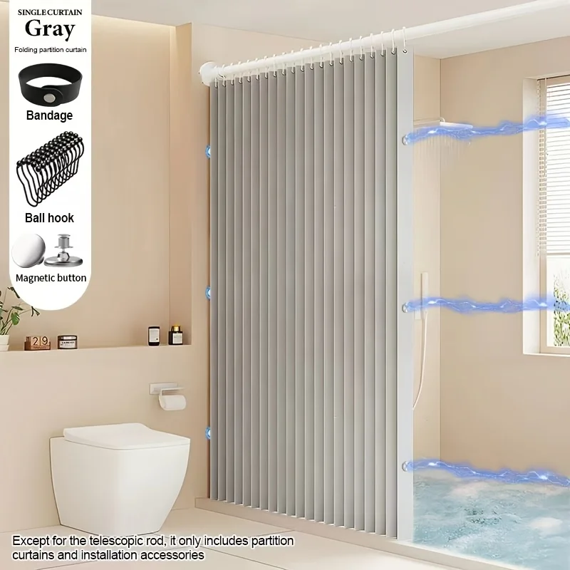 Magnetic Foldable Linen Bath Curtain Waterproof for Walk-In Shower - No Included Adjustable Rod