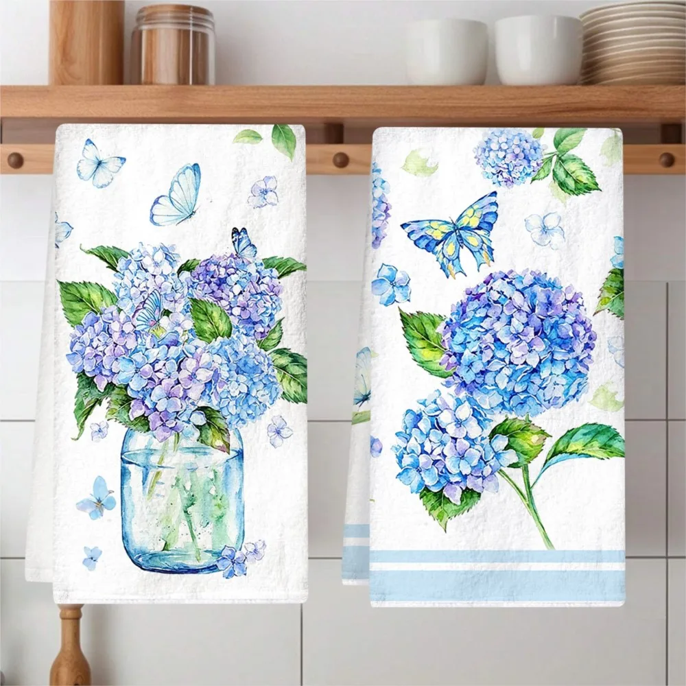 2Pcs Hydrangea Blue Floral Design Towel Set, Soft Absorbent Superfine Fibre Towels, Bathroom Home Decor Gift