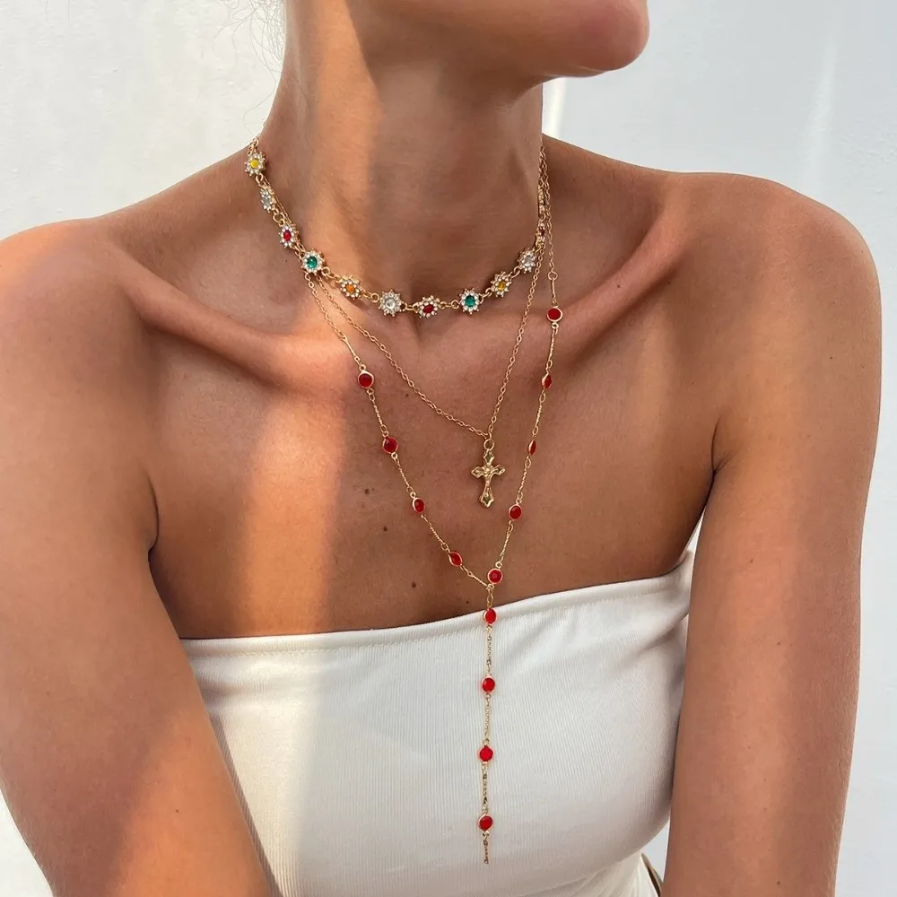 

Rhinestone Metal Stacked Necklace Fashion Y-shaped Necklace Stacked Collarbone Chain Colorful Vintage Style Cross Necklace Set