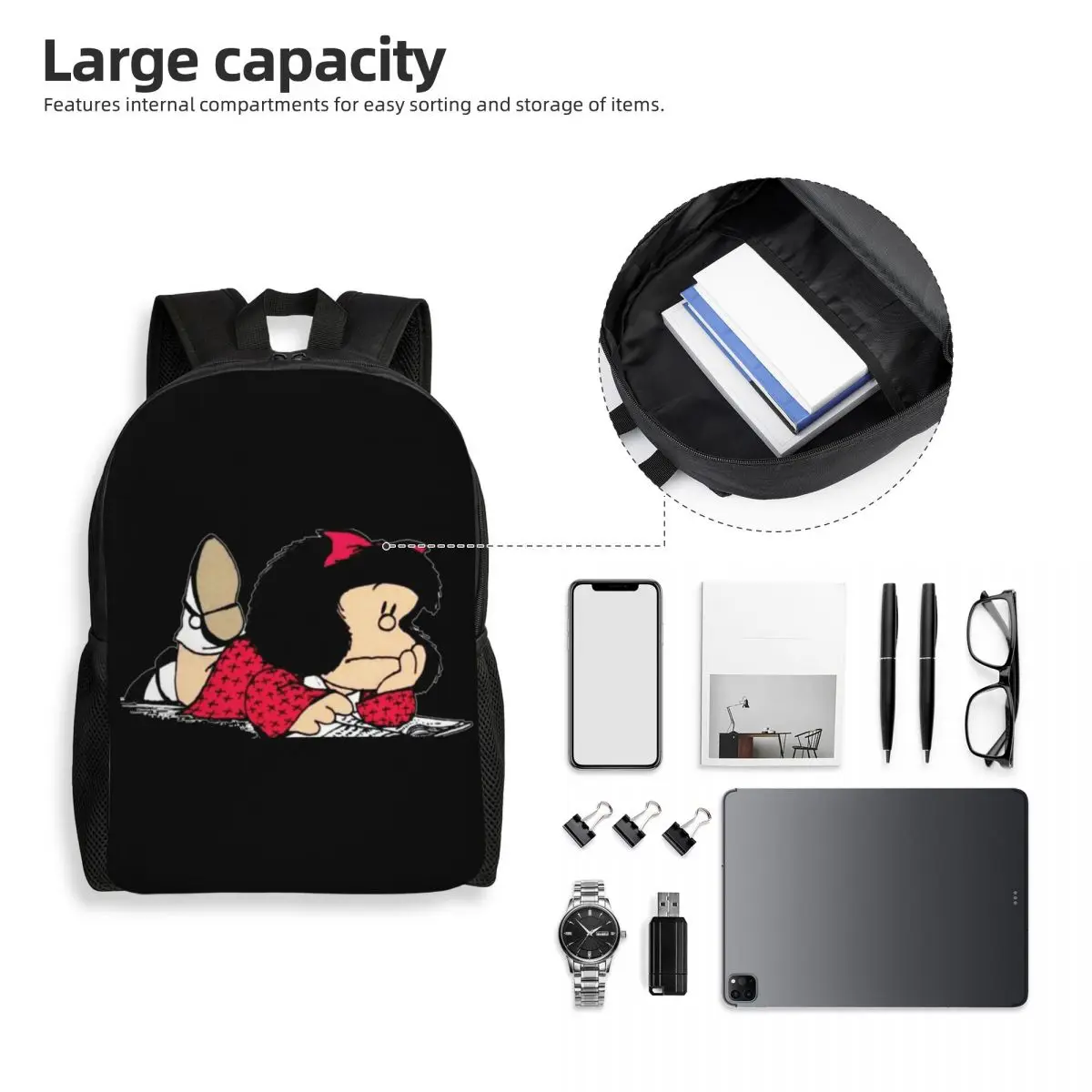 Cute Mafalda Backpack for Men Women School College Students Bookbag Fits 15 Inch Laptop Argentine Cartoon Quino Bags