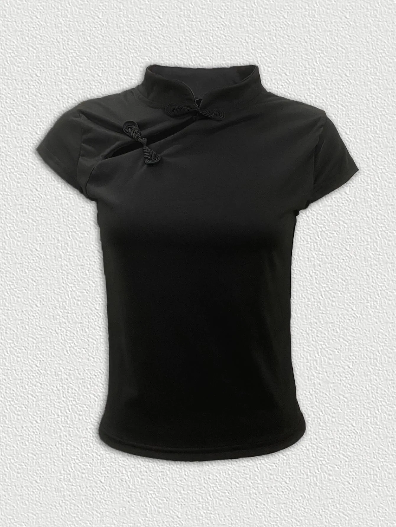 New Chinese Stand Collar Frog Button Rhinestone Short Sleeve Cheongsam Top Slim Fitted Black Blouse For Women