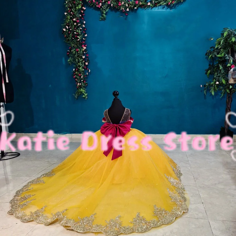 Maßgeschneidertes Prinzessinnen-Blumenmädchenkleid für Hochzeiten, Tüll, bauschige Spitze, Applikation, Schleife, Kindergeburtstag, Erstkommunion, Ballkleider