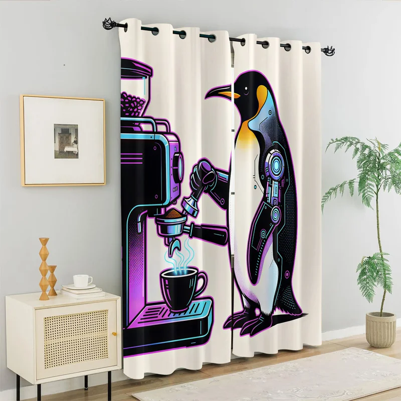 Cute Coffee Penguin Printed Curtain Cartoon Light Blocking Curtains Fashion Soft For Bedroom Living Room Window Privacy Decor