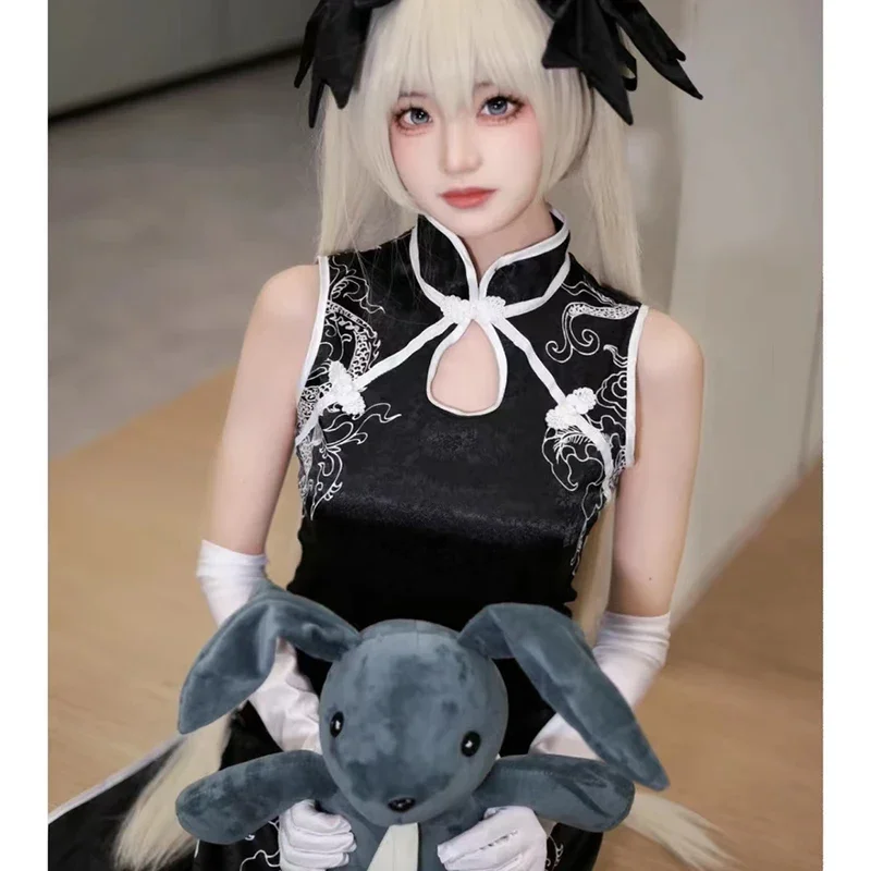 Disfraz de Cosplay de Anime Yosuga No Sora kasuvano Sora, peluca Cheongsam blanca y negra, juguete de conejo, vestido de fiesta de Carnaval de Halloween