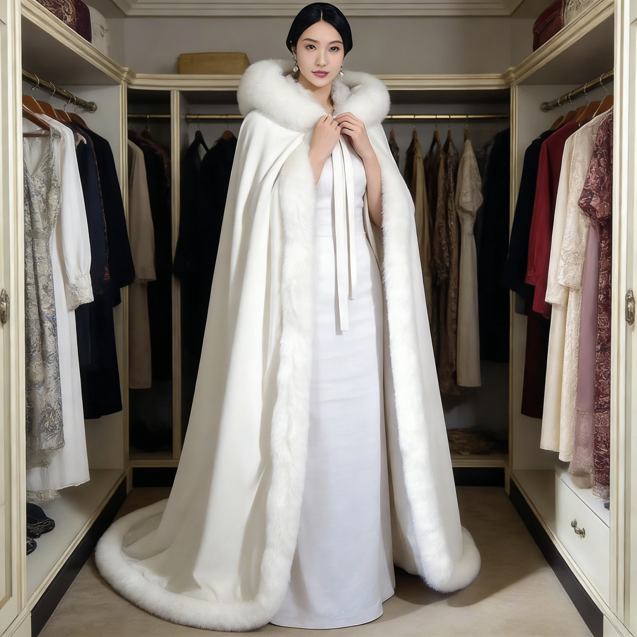 White Fleece Lined Hooded Cape Thickened Vintage Hanfu Cloak Luxury Long  Fur Shawl Warm Winter Cosplay Outerwear For Women