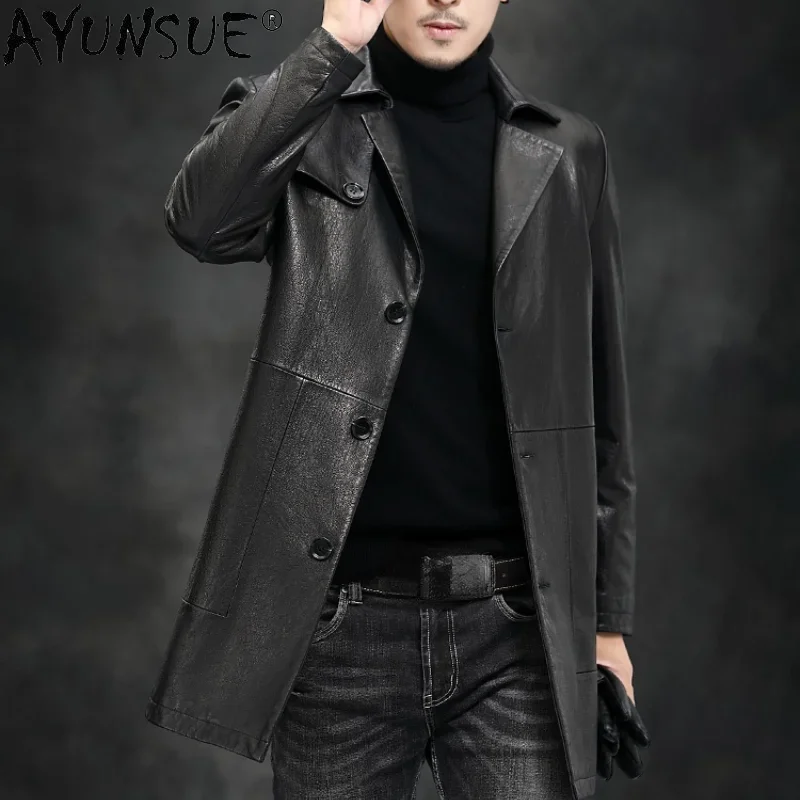 AYUNSUE 100% Genuine Cowhide Leather Jacket Male Autumn Black Long Leather Jackets with Belt Men's Coats Casaco Masculino Gmm362