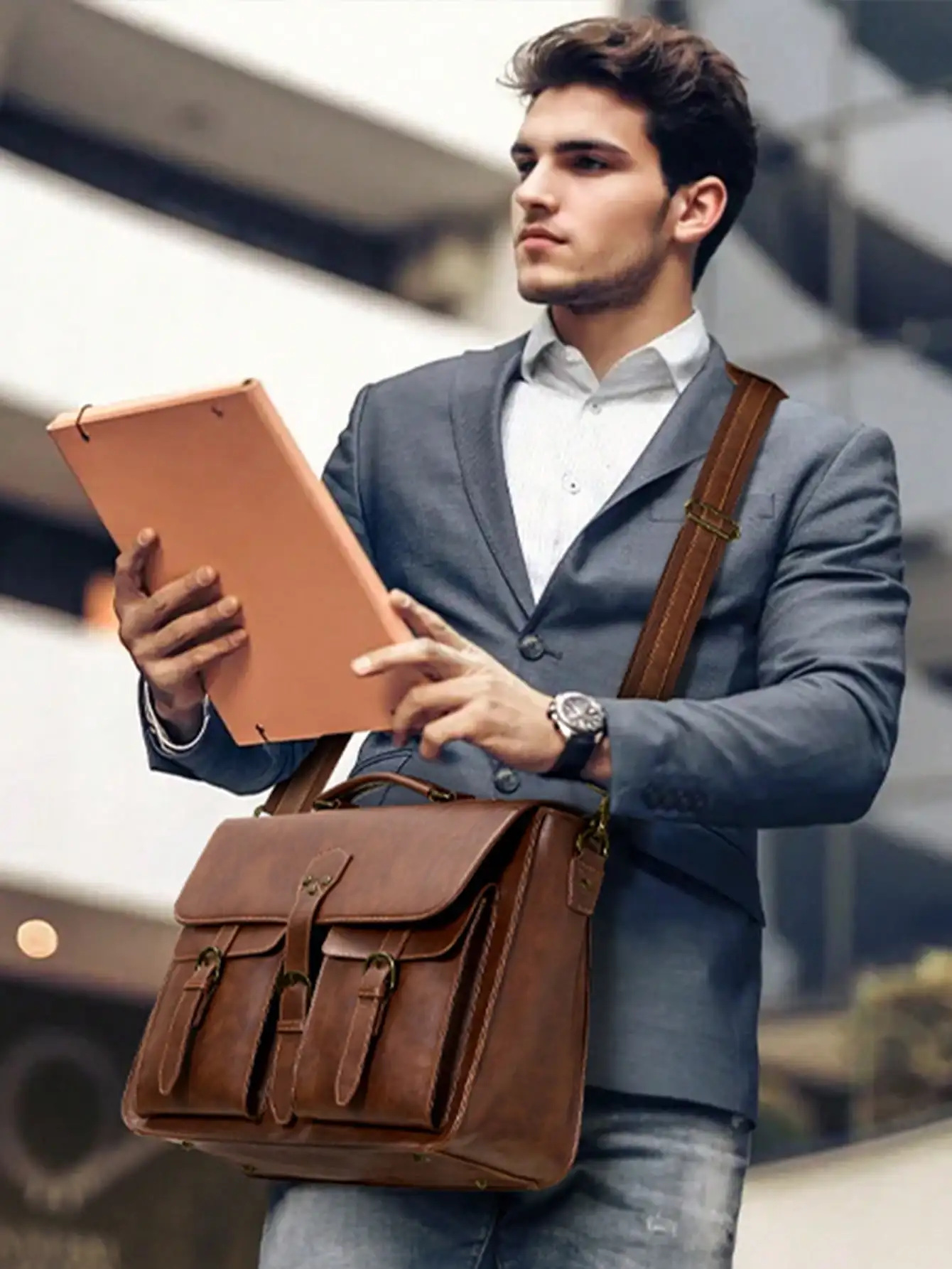 

Genuine Leather Messenger Bag For Men, 15.6 Inch Vintage Briefcase - Waterproof Professional Satchel With Organizer For Office, Work & College Commute