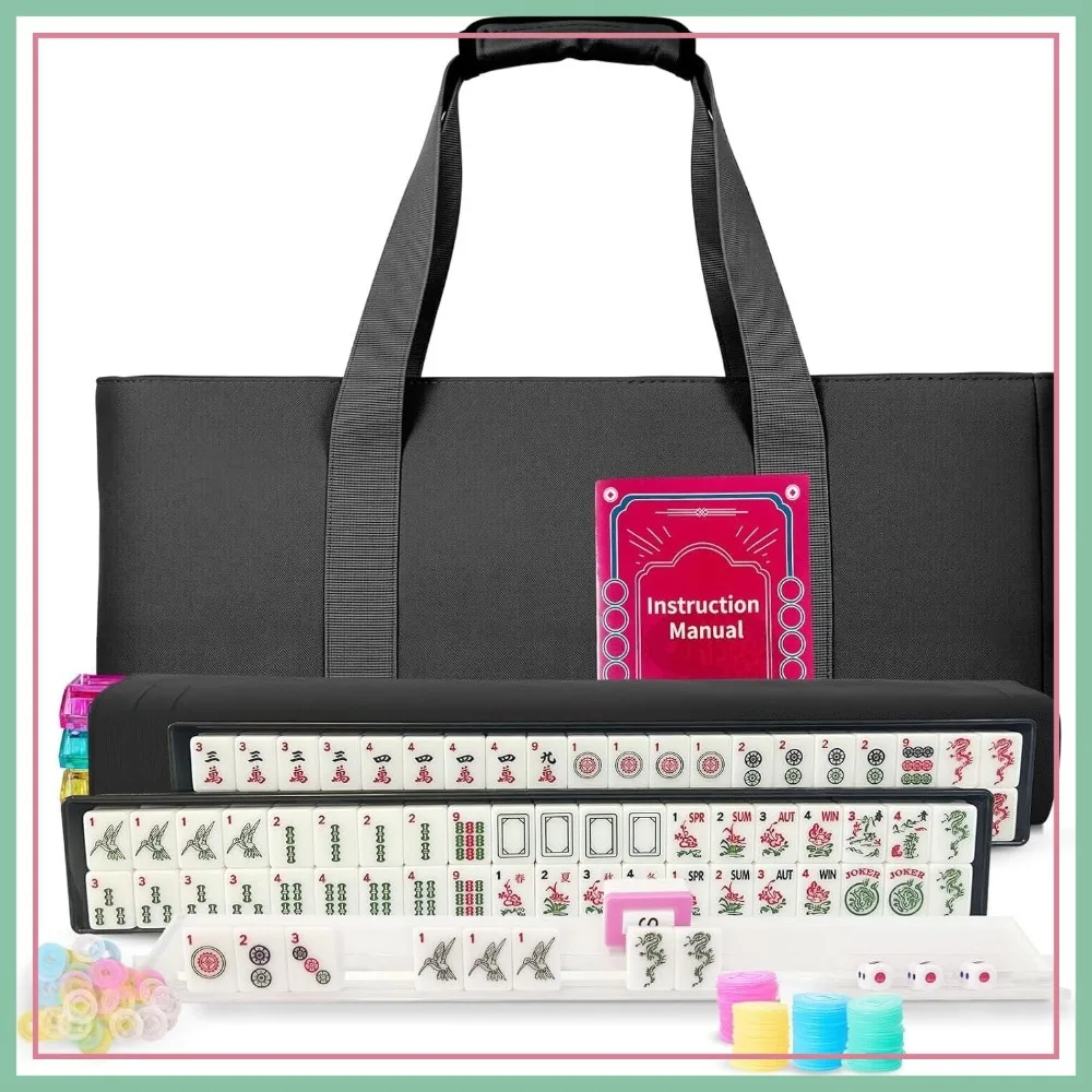 

166 White Mahjong Tile Set with 4 Racks, Pushers, 3 Dice, 100 Chips, Instructions & Black Bag