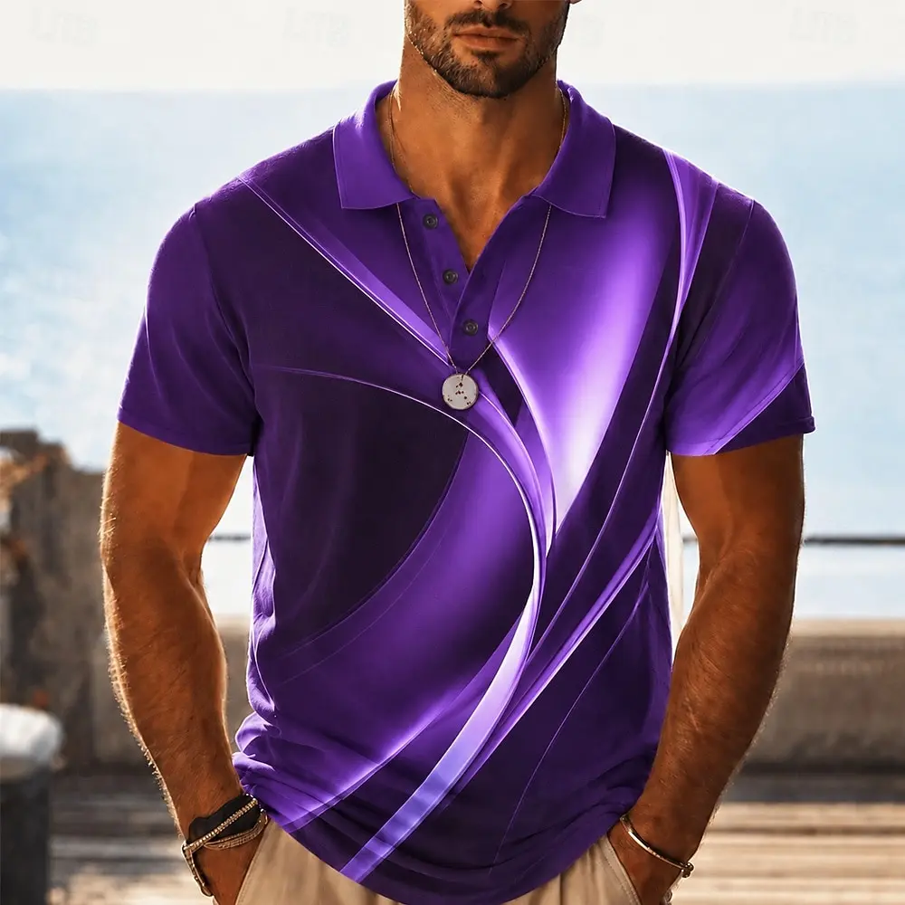 Men's Blue Gradient Swirl Print Polo Shirt, Casual Tops For Spring Summer Daily Streetwear & Smart Casual Occasions