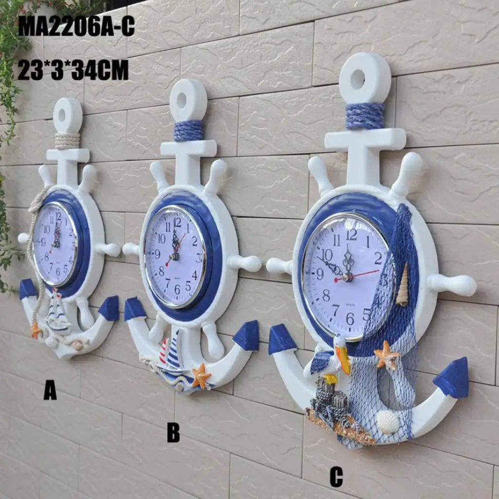 Theme Beach Ship Wheel 33cm Clock Hanging Decor Ornament Shelf Stand Wall