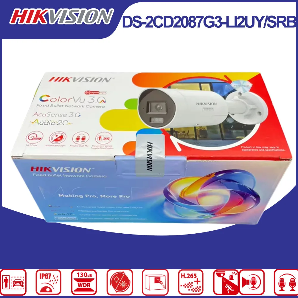 Hikvision DS-2CD2087G3-LI2UY/SRB 8MP ColorVu Bullet IP Camera 130dB WDR H.265+ Two-Way Audio Human Vehicle Detection IP67 PoE
