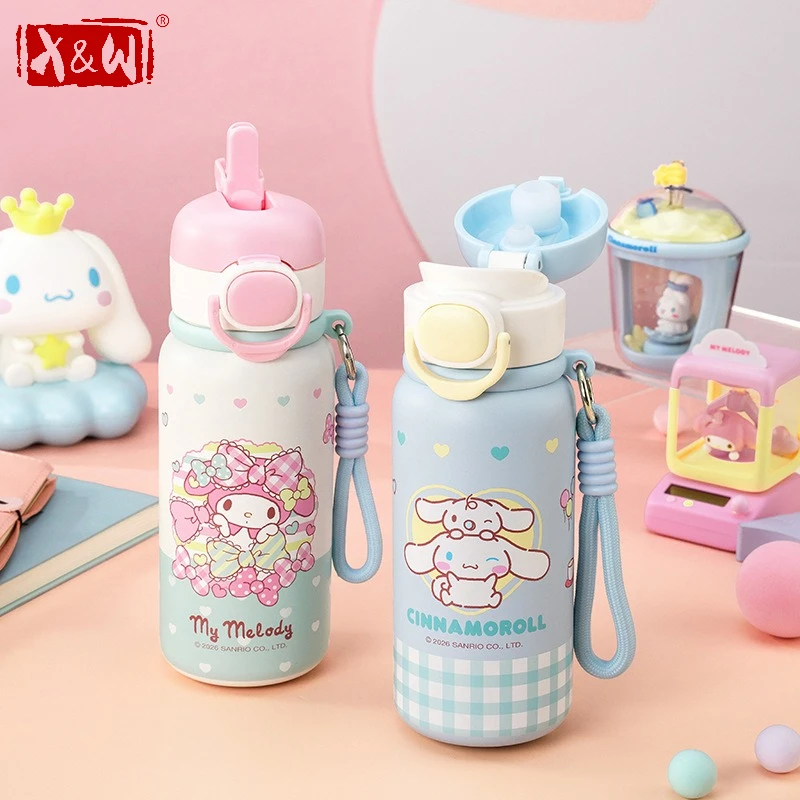 X&W Sanrio Kids Insulated Cup 316 Stainless Steel Kuromi Straw Cup Dual Drinking Mug Portable Thermal Tumbler Student School Use