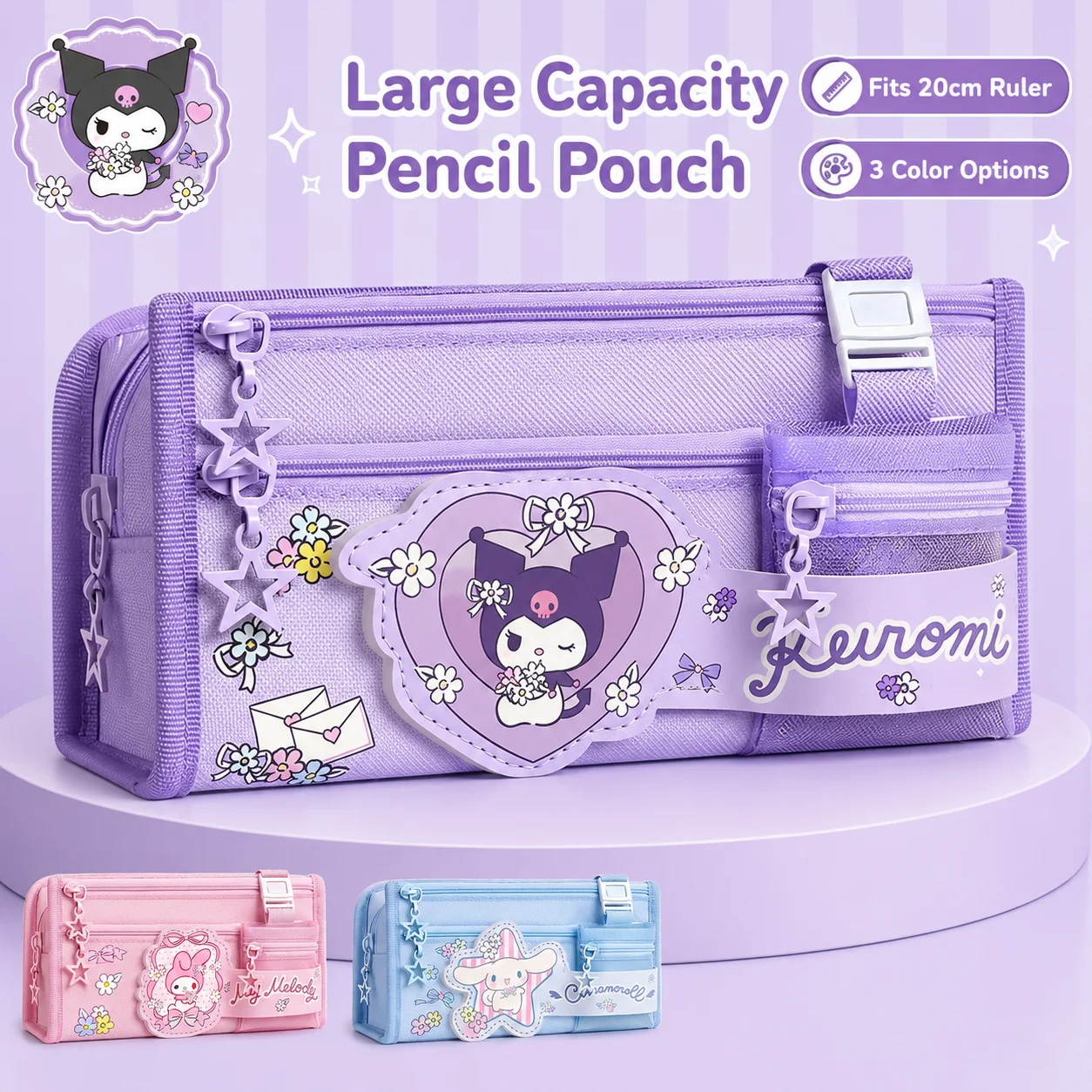 Kawaii Sanrio Kuromi Federmäppchen mit mehreren Fächern, großes Fassungsvermögen, Reißverschluss, Schreibwaren-Stifttasche, Stifttasche aus Segeltuch, Schulbedarf
