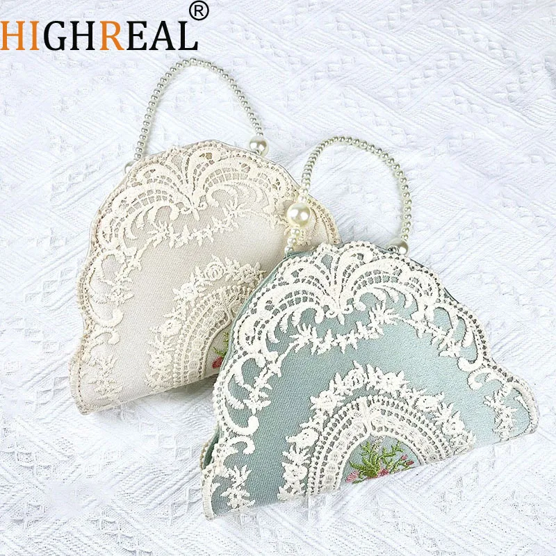 

Vintage Women's Bag Irregular Lace Pearl Chain Bag Embroidery Patchwork Semi-circular Clutch Purse Satin Party Dinner Handbags