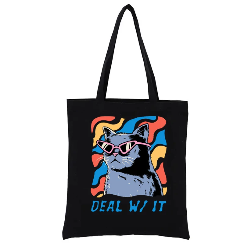 

Deal With It Cat Printd Anime Shopping Bags Casual Totes Women's Handbags Shopper Foldable Reusable Bag Gilmore Girls Fashion