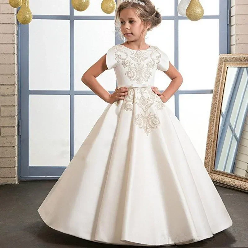 

Kids Flower Girl Dress Beautiful Gold Embroidery for Wedding O Neckline Elegant First Holy Communion Flower Girl Dresses