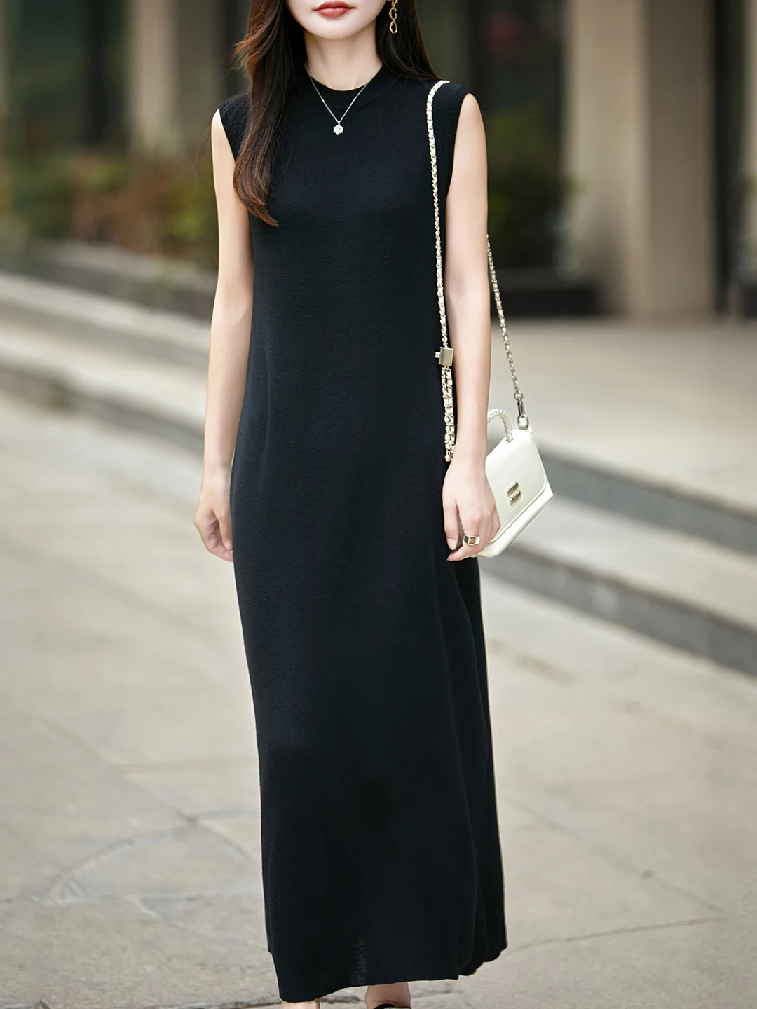 Ele malha vela colete dr gola alta camada base longa dr casual sle cintura solta tecido macio saia tubo reto