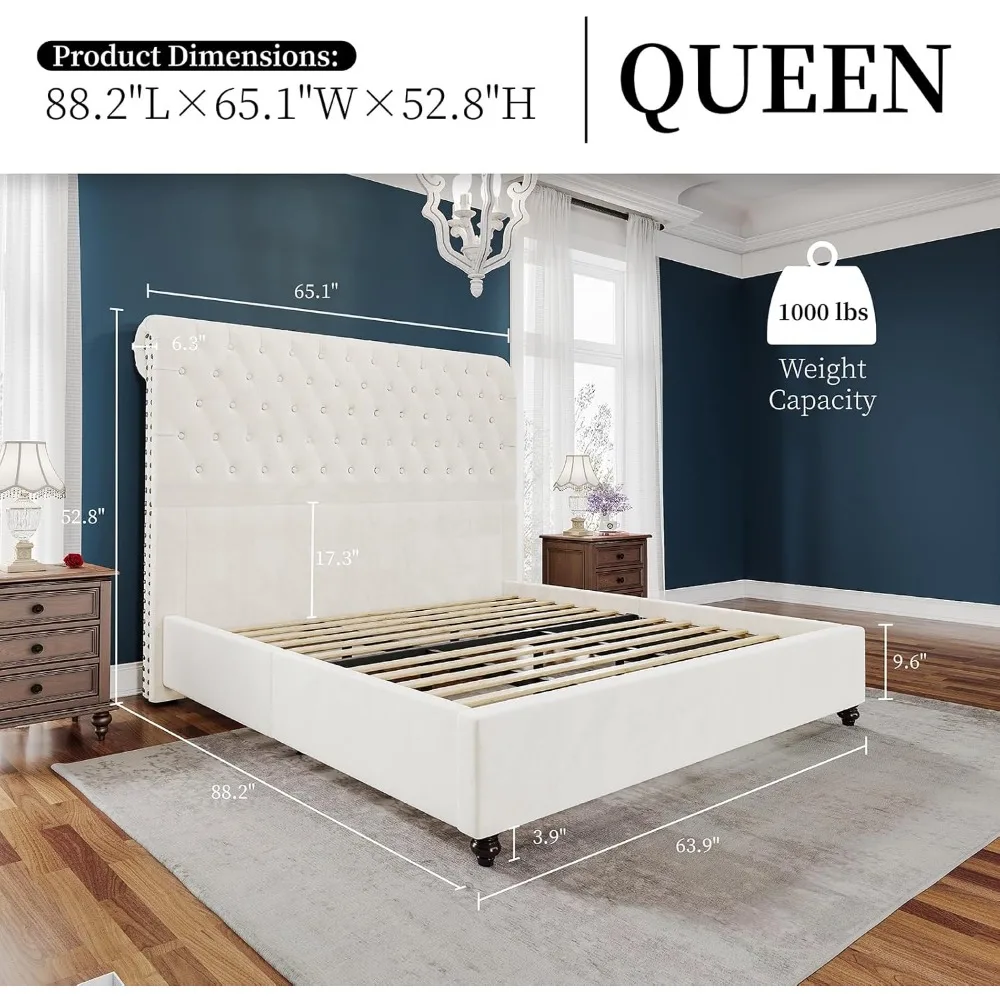 Bed Frame Queen Size Upholstered Platform Beds with 52.8'' Tall Sleigh Headboard, Button Tufted, No Box Spring Needed, Bed