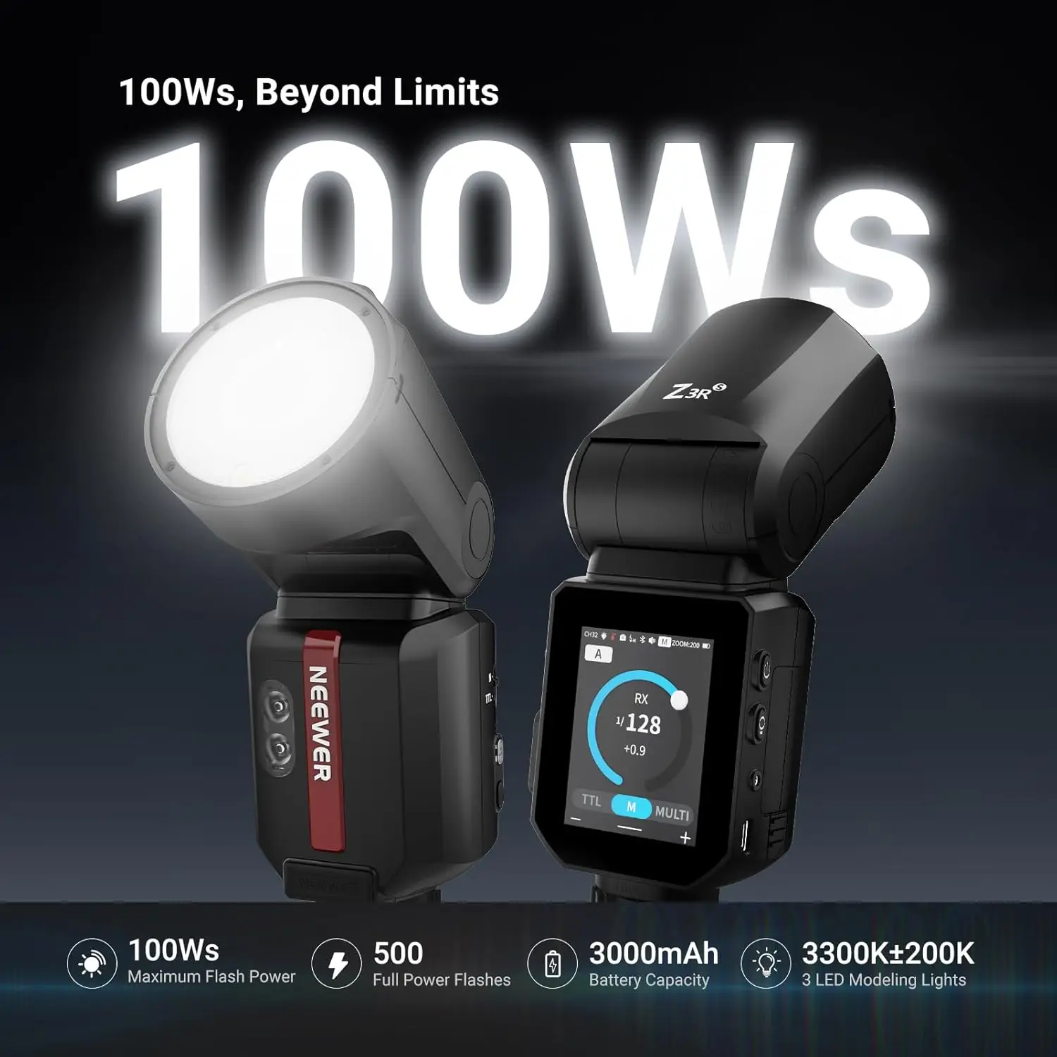 NEEWER Z3R 100Ws 2.4G TTL Round Head Flash Speedlite Touchscreen, 1/8000s HSS, 500 Full Power Flash For Sony/Canon/Nikon Cameras
