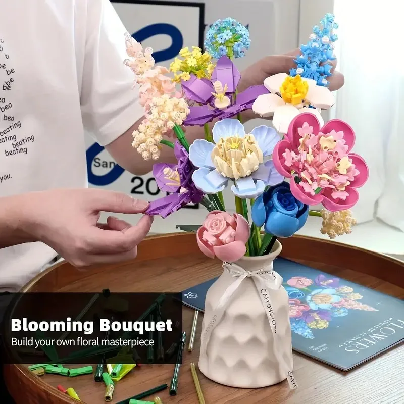 865pcs Rose, Narcissus, Hydrangea Flower Building Blocks Set, Suitable for Adult Bouquet Plant Series, Home or Office Decoration