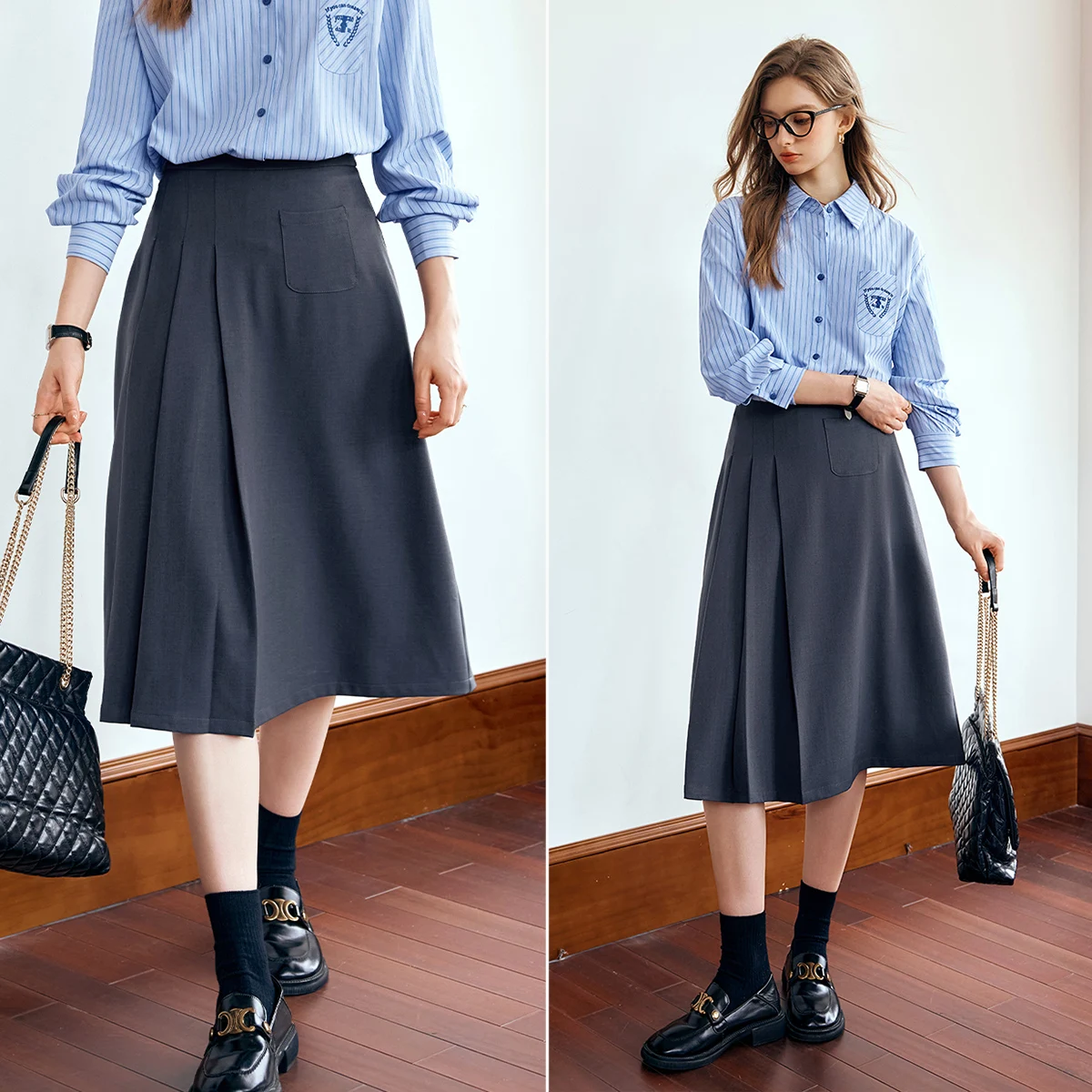 OLrain Women Grey Pleated Skirt 2026 Office Ladies Commuter Versatile Autumn Elastic Waist Midi Skirts Female Clothes O57QB89882