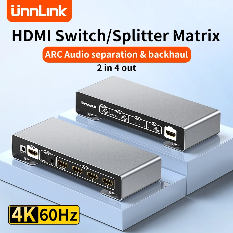 

Unnlink HDMI Splitter Switch Matrix 2 In 4 Out 4K 60HZ With Optical Toslink 3.5mm ARC Audio Splitter PC to TV Monitor Amplifier