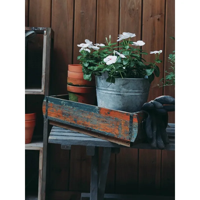 tray with handle Wooden box Wooden flower pot Long storage tray mobile receptacle