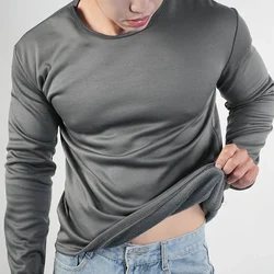 2pcs Winter Thermal Underwear Mens O Neck Bottoming Shirt Long Sleeved T Shirt Tops Solid Color Sweatshirt Large Size Undershirt