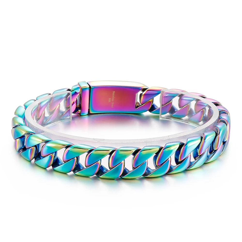 12mm Punk Retro Matte Brush Black Cuban Curb Chain Bracelet Hiphop Rainbow Gold Color Stainless Steel Biker Bike Bangle Jewelry
