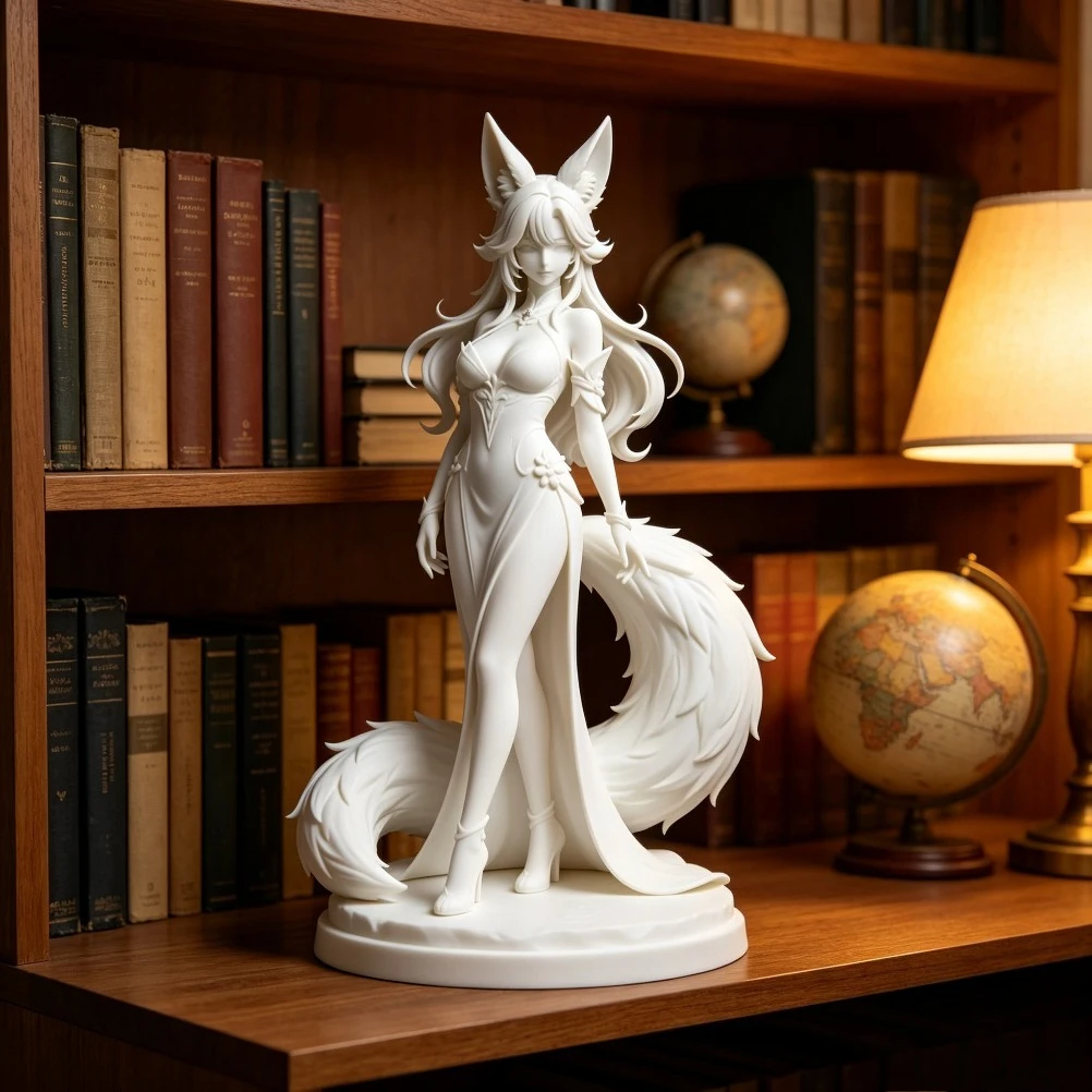 Elegant Kitsune Maiden Uncolored PLA Sculpture Long Fluffy Tail Anime Fox Spirit Figurine Computer Desk Indoor Decor Ornament