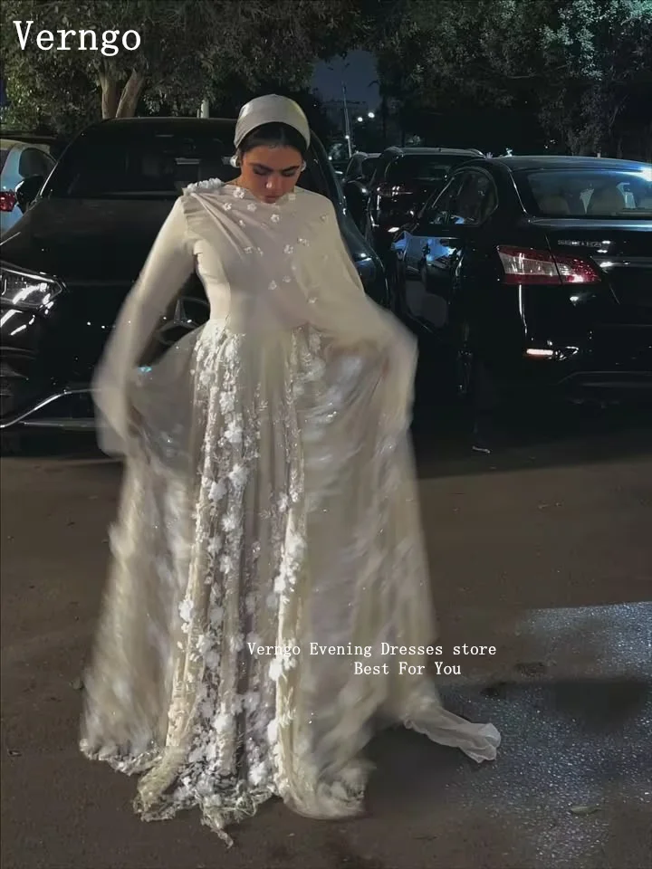 Verngo apliques vestidos de baile o pescoço mangas completas maxi luxo feminino turco vestidos de noite uma linha vestidos de noite personalizados