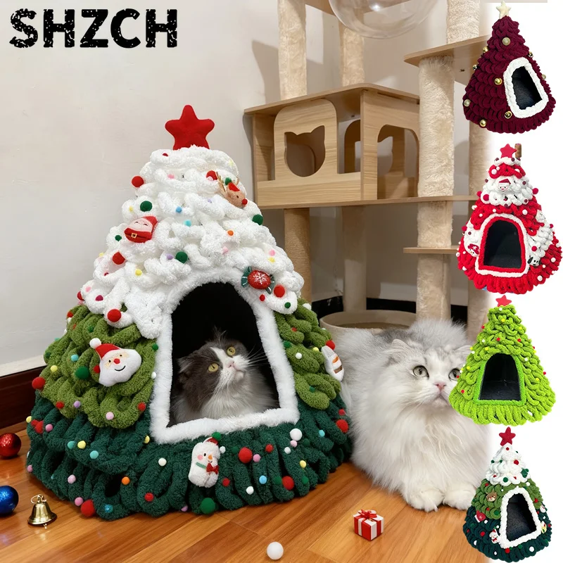 Handmade Christmas Tree House, Winter Warmth Indoor Bed with Random Decorations - No Included -Perfect Gift for S and Small Dogs