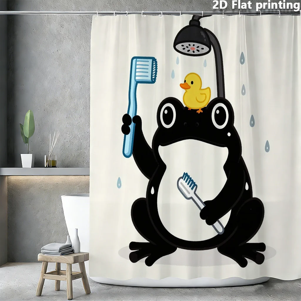 Funny Frog Shower Curtain, Cute Cartoon Toad Brushing Teeth with Duck Print Waterproof Bathroom Decor, Kids Animal Bath Screen
