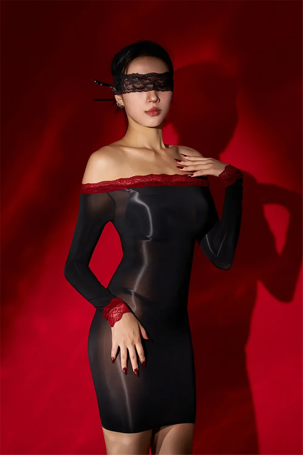 Sexy Slash Neck Damen Bleistift kleider 8d Öl glänzend glatt hochela tisch transparent transparent transparent Mini kleid Wrap Hip Club Outfit Allure