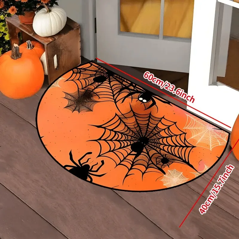 Classic Orange Web Spider Pattern Semi Circle Doormat Halloween Festive Welcome Mat