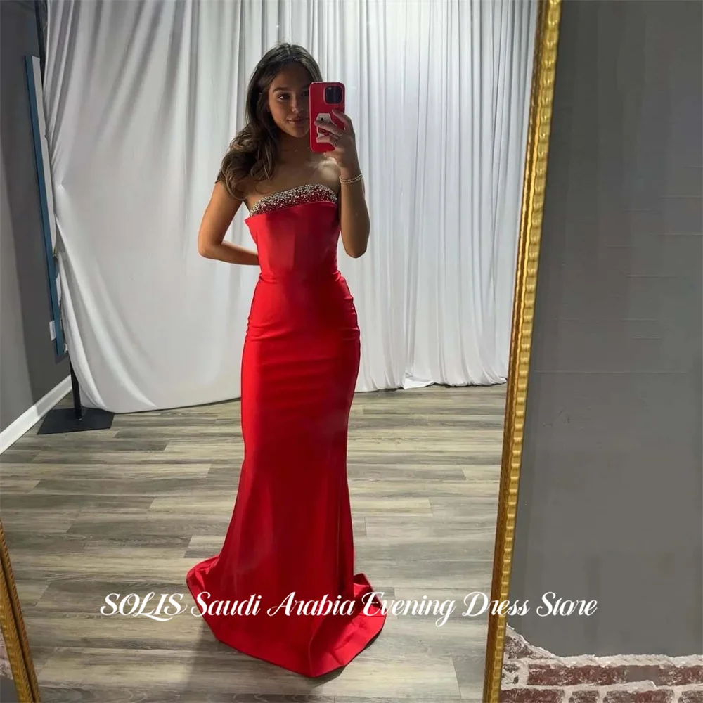 SOLIS Red Prom Dresses Strapless Sleeveless Evening Dresses Mermaid Party Dress Sequin On Chest Robe De Soirée Simple Customized