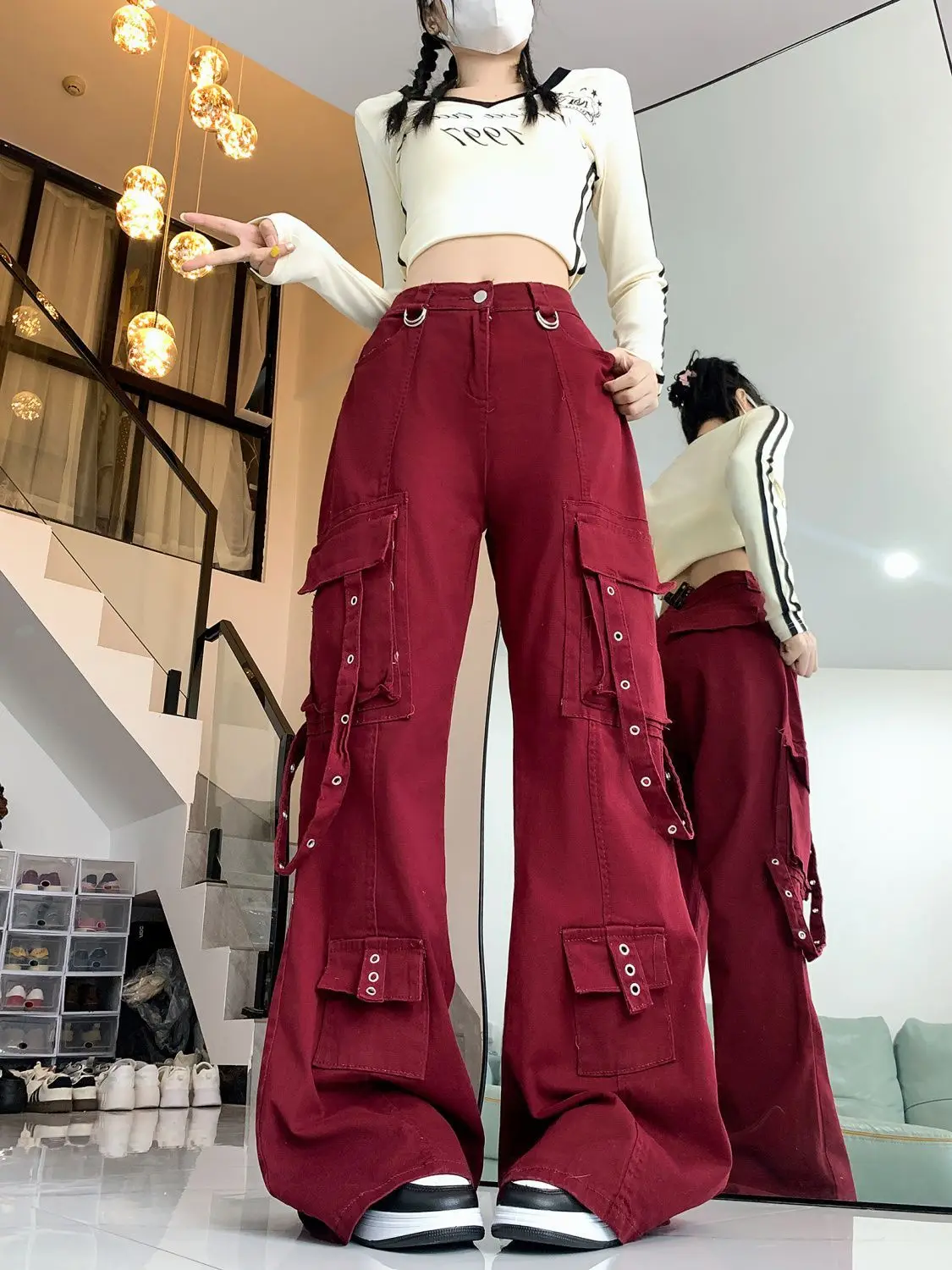 Streetwear Vintage Red Cargo jeans Women high street mutil pockets Harajuku Y2k Retro 2000s 90s Aesthetic Denim Pants Trousers