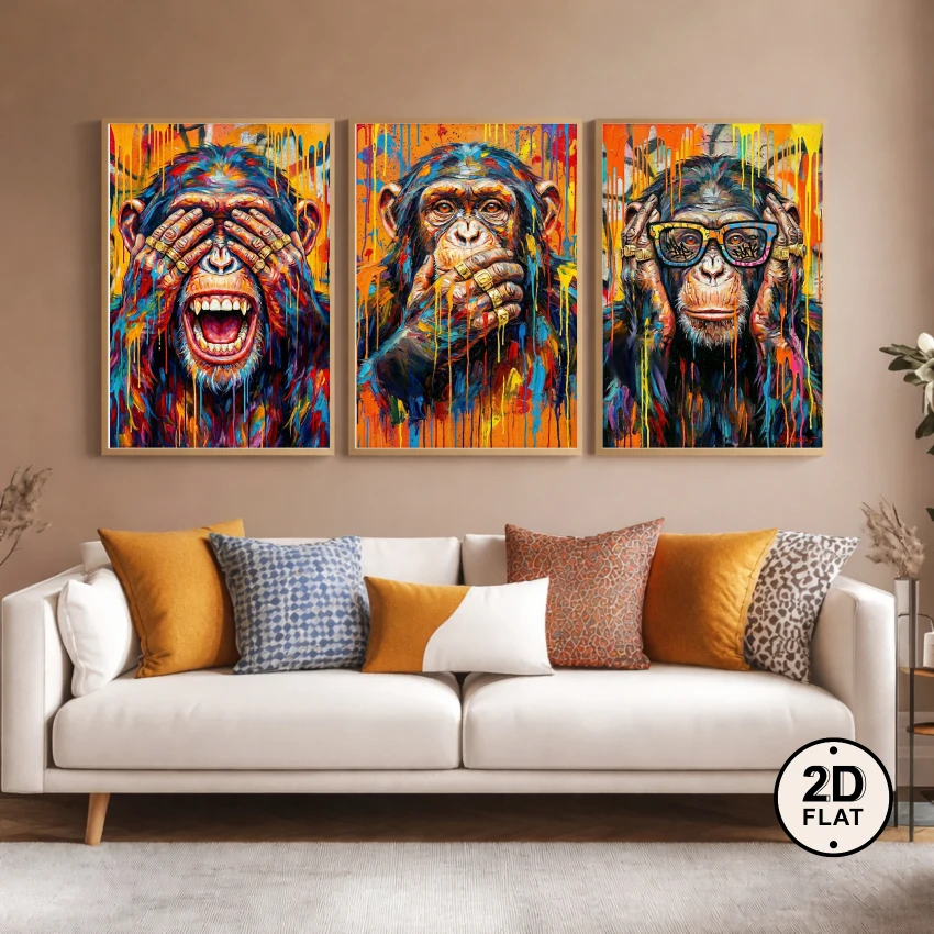 3pcs/set Colorful Monkey Canvas Art Prints Abstract Monkey with Hands Over Eyes Vibrant Animal Painting Modern Decor Poster