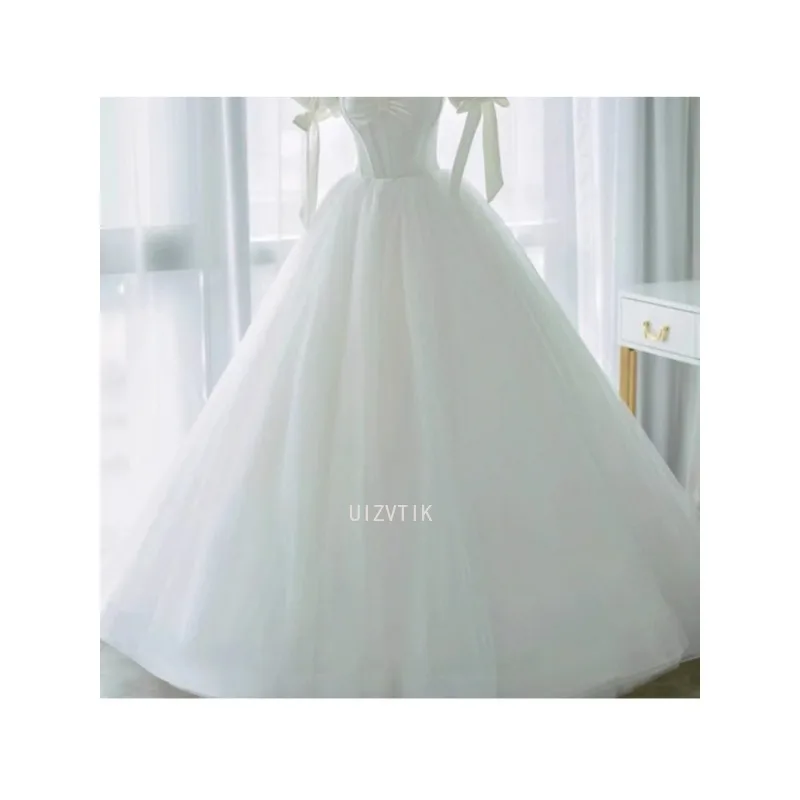 Gaun Pengantin Putri Manis Elegan Putih Gaun Pengantin Panjang Pergelangan Kaki Lengan Puff Pita Wanita Gaun Pesta Malam Formal Wanita