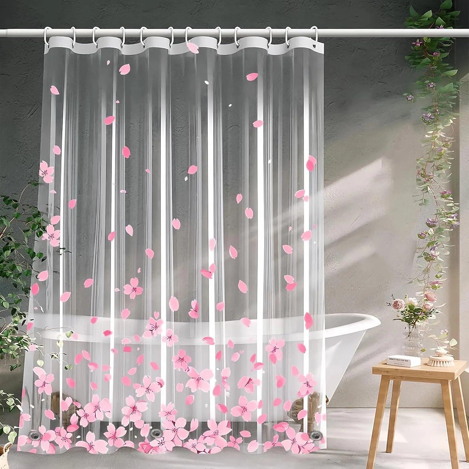 Transparenter Badvorhang mit PEVA-Aufdruck und rosa Kirschblütenmuster |   Wasserdichte, rostfreie Ösen |   3er-Gewichtsmagnete, rutschfest