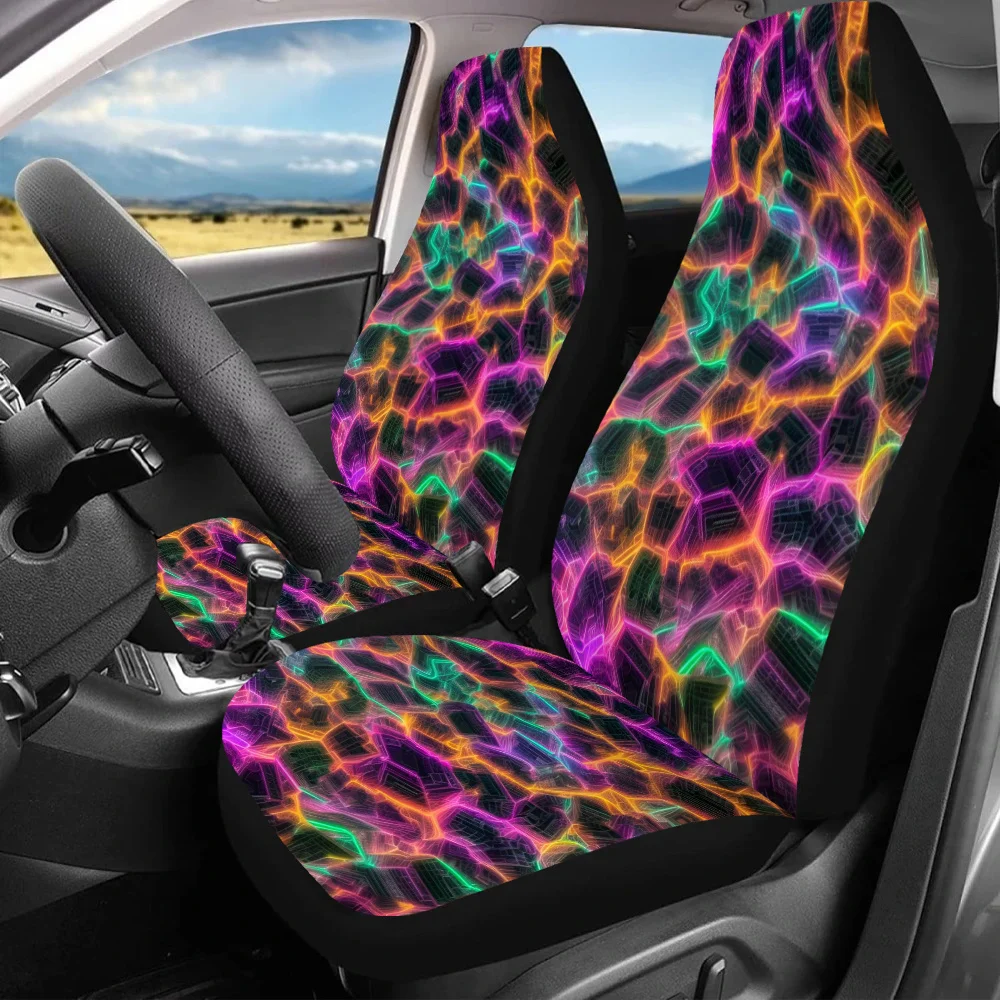 

2pcs Neon Hexagon Network Car Seat Covers - Vibrant Purple, Orange & Green Geometric Design, Fit For Women & Men, Enhances Drivi