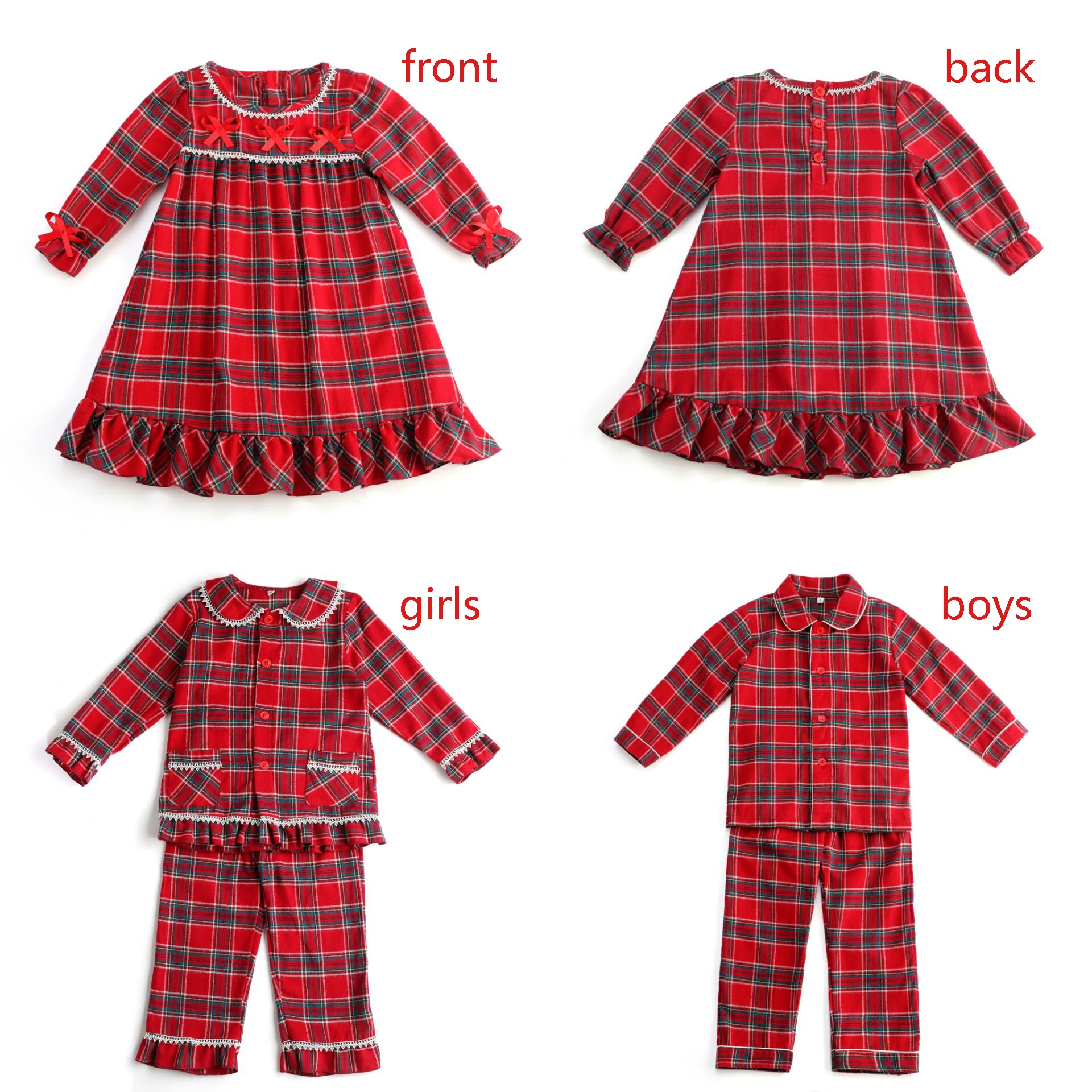 Flannel Christmas Family Matching Outfits Boys And Girls Ruffle Pajamas White Lace Red Long Sleeve Baby Button Kids Pyjamas Sets