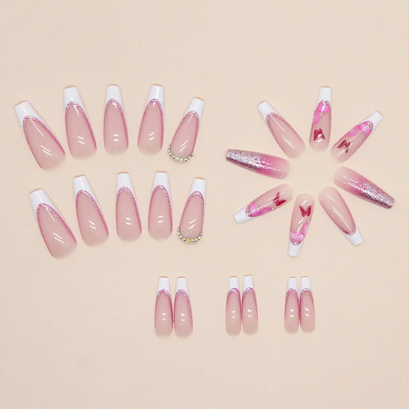 24-piece Long French Glitter Butterfly Diamond Fingernail with 1 Jelly Glue and 1 Nail File