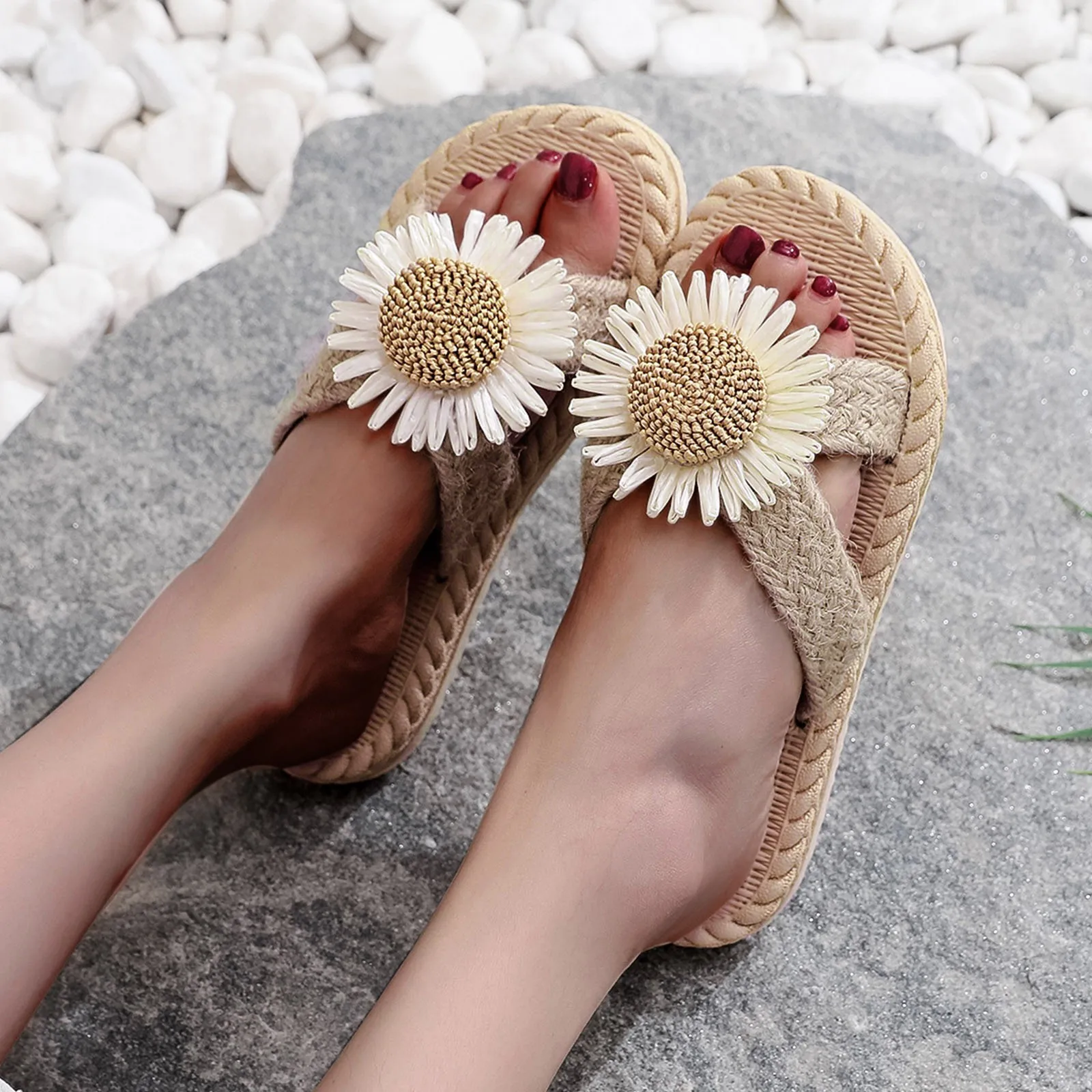 شبشب للشاطئ للنساء ، شفاط مقلد منسوج ، صنادل مسطحة ، موضة صيفية متطابقة ، كتان وقطن #4