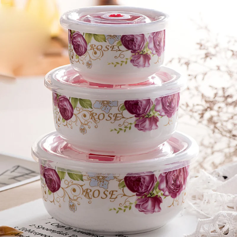 Ceramic Fresh Bowl Three-piece Set Lunch Box with Lid Microwave Lunch Box Refrigerator Storage Box Large Instant Noodle Bowl Set