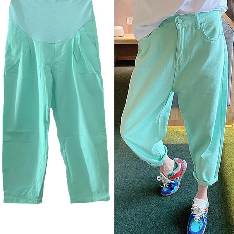 Green Pregnant Woman Summer Pants Maternity Clothes High Waist Pregnancy Belly Trousers Plus Size Cotton Linen Cropped Pants